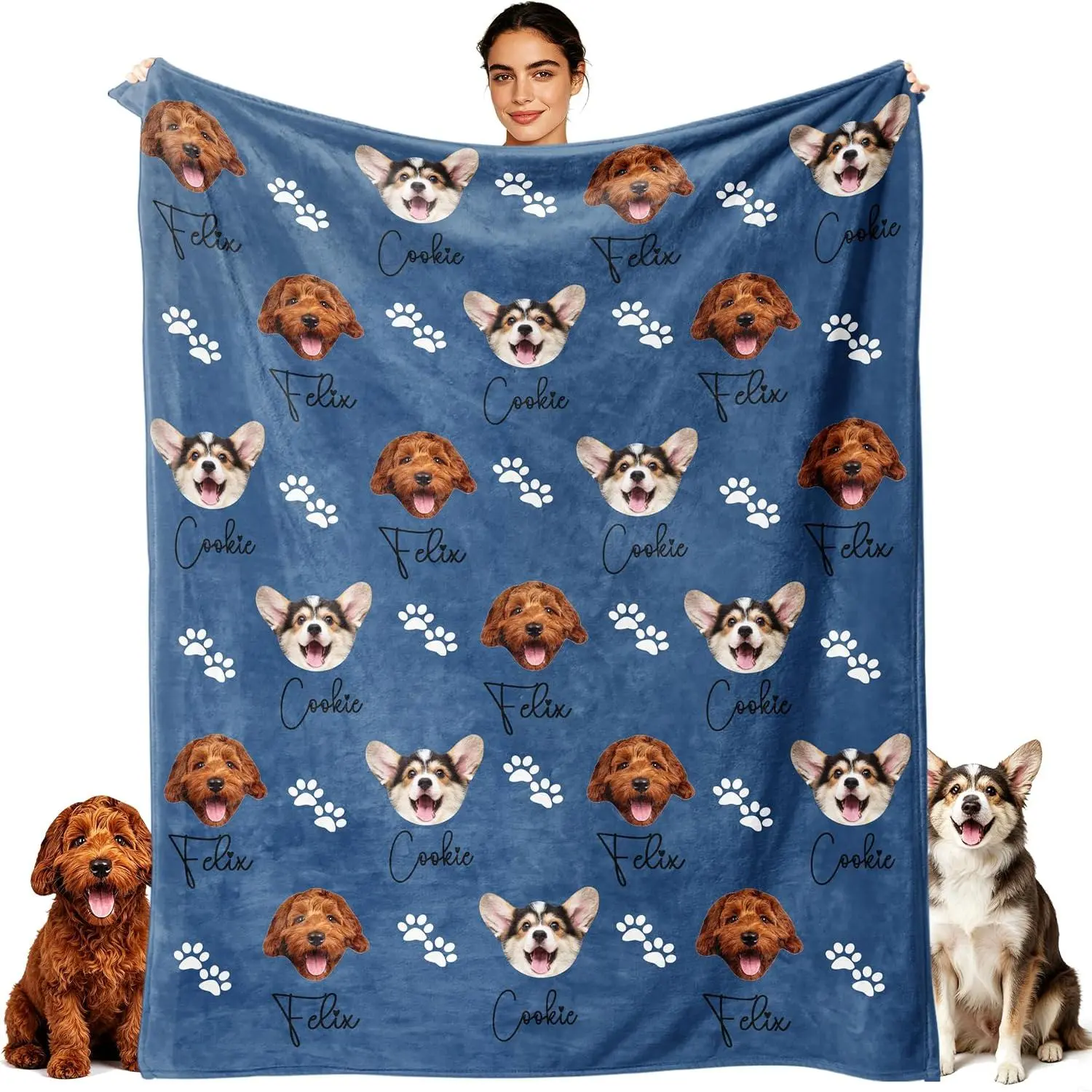 Customized Dog Face Blanket, Dog Mom Gifts for Family Friends, Custom Pet Blankets with Paw Prints Names for Puppy Cat
