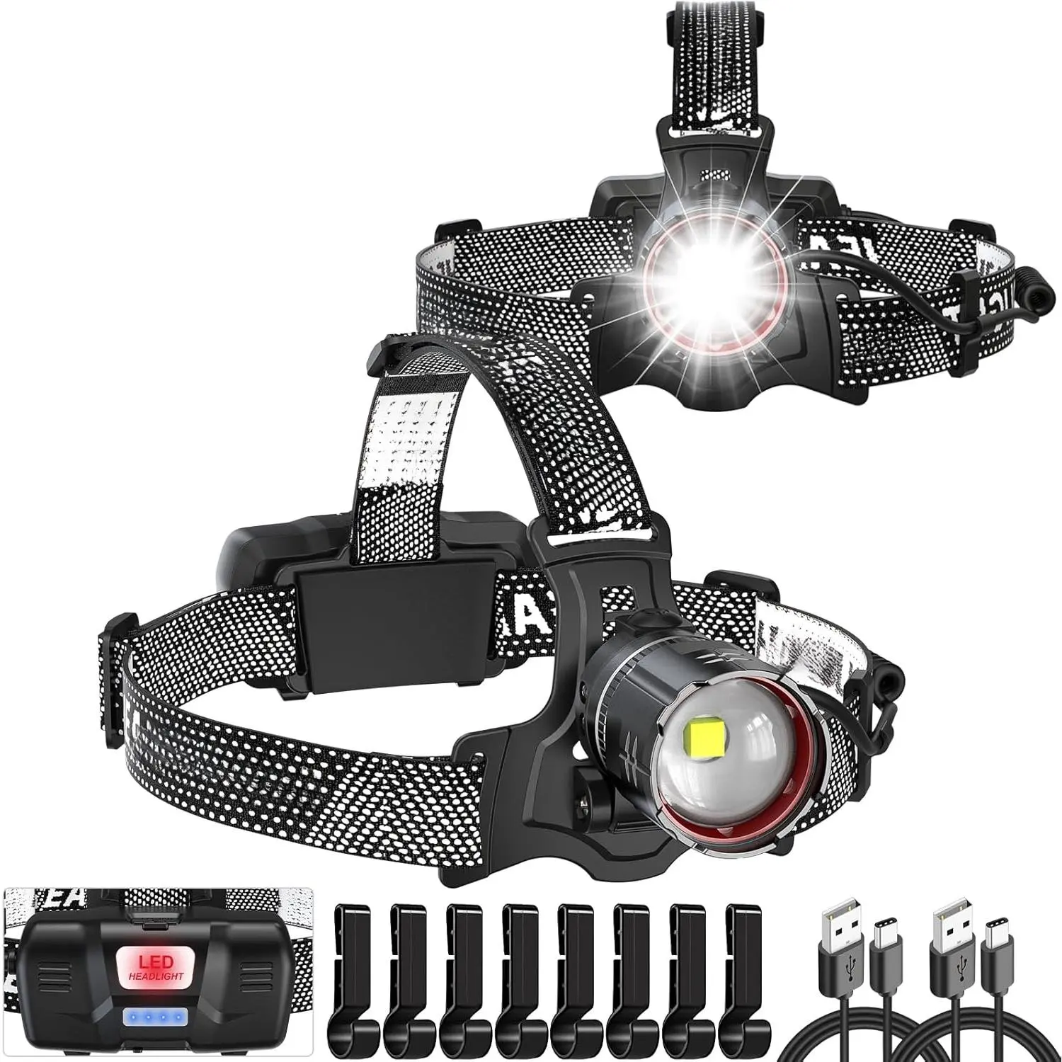 2-Pack Rechargeable Super Bright LED Headlamps for Adults, Motion Sensor, 5 Modes, Zoomable Lens, 90° Adjustable, Waterproof, Forehead Strap, Hard Hat Light for Camping