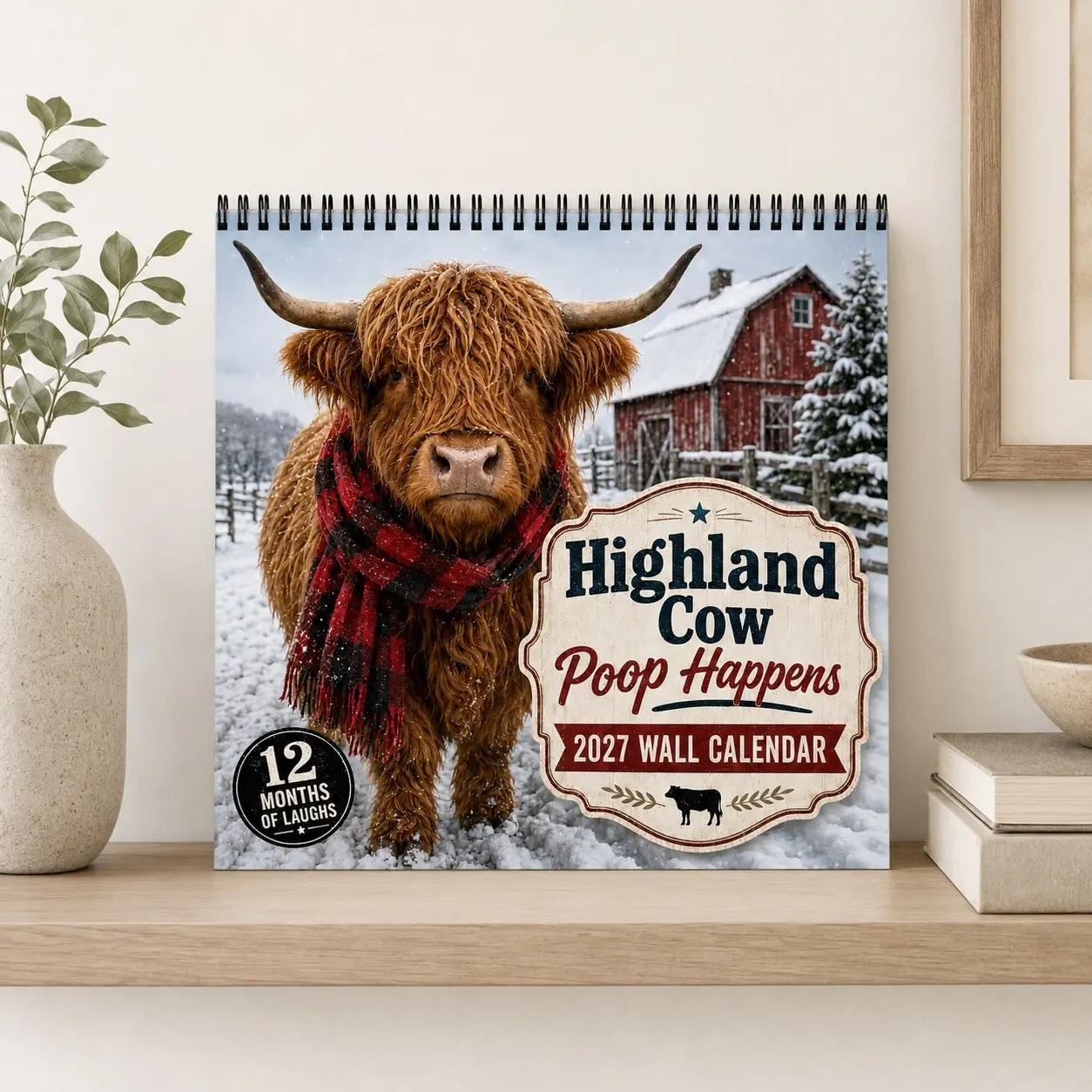 2027 Highland Cow Coiled Calendar, Winter Snowy Plaid Scarf, Retro Farmhouse Home Decor, 12-Month Calendar, Perfect Holiday Gift