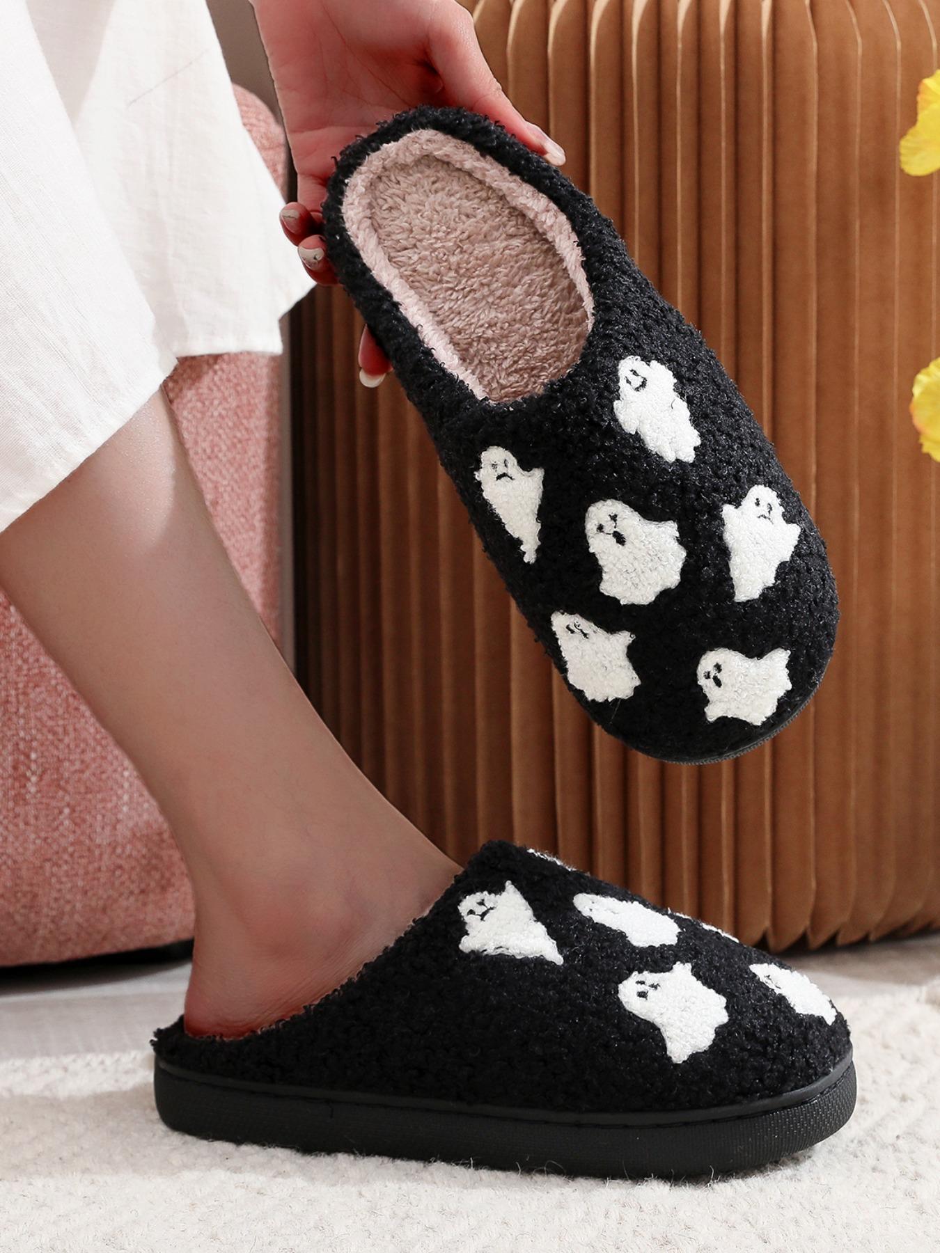 Women's Cute Cartoon Ghost Pattern Plush Slippers, Warm Casual Soft Comfortable Home Slippers, Warm Slippers for Indoor & Outdoor Use for All Seasons, Flat Slipper