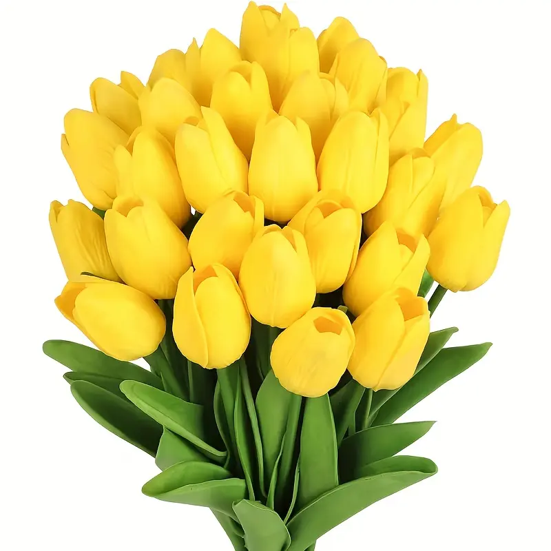 10/20pc Artificial Yellow Tulip BouquetRealistic-touch faux tulips featuring vibrant yellow blooms and green leaves; lifelike plastic flowers perfect for wedding centerpieces, home decor, and Valentine's or Thanksgiving arrangements; durable and mainte