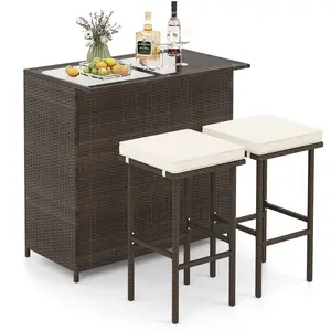 3 Pieces Outdoor Rattan Wicker Bar Set with 2 Cushions Stools