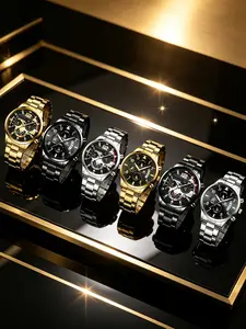 6pcs Fashion Business Men's Steel Band Watch, Multi-Functional Trendy Casual Analog Quartz Watch, Perfect Gift for All Occasions