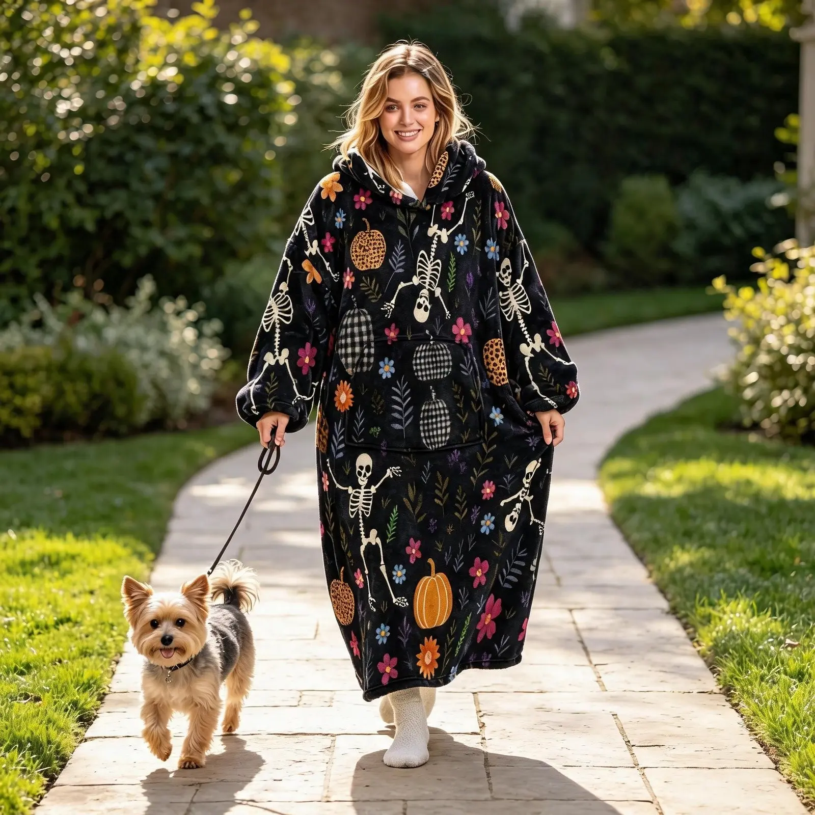 1pc Flannel Hooded Wearable Blanket - Halloween Skeleton Pumpkin Floral Pattern, Retro Fun Style, Skin-friendly Soft All-in-one Robe for Living, Ideal Gift for Wife, Mother, Lover, Couple's Birthday, Christmas, Halloween