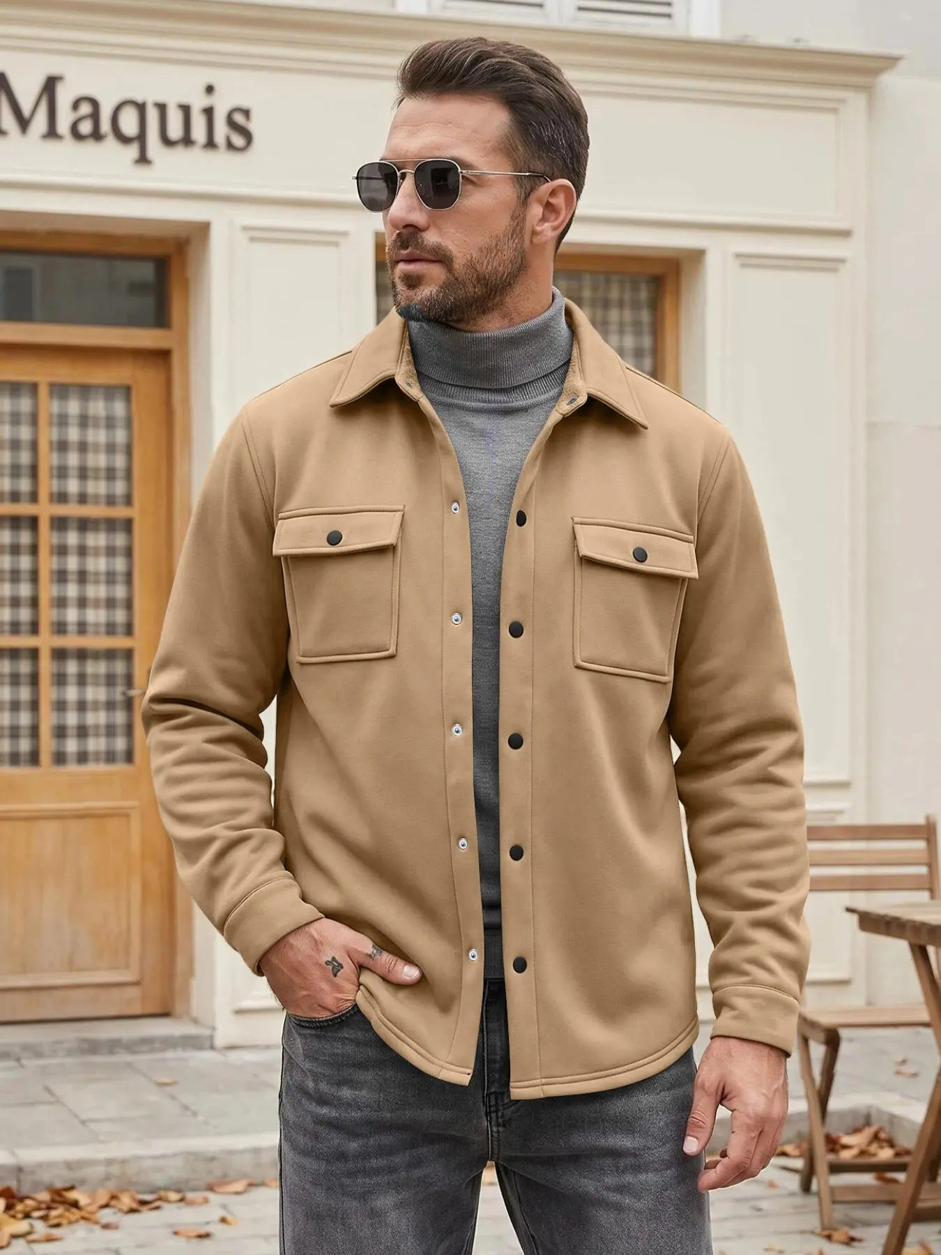 New vintage men's spring-autumn lapel jacket with double-button flap pockets, long-sleeved casual loose shirt-style coat, fashionable daily men's outerwear, with chest pocket and button design, casual and versatile, men's long-sleeved coat