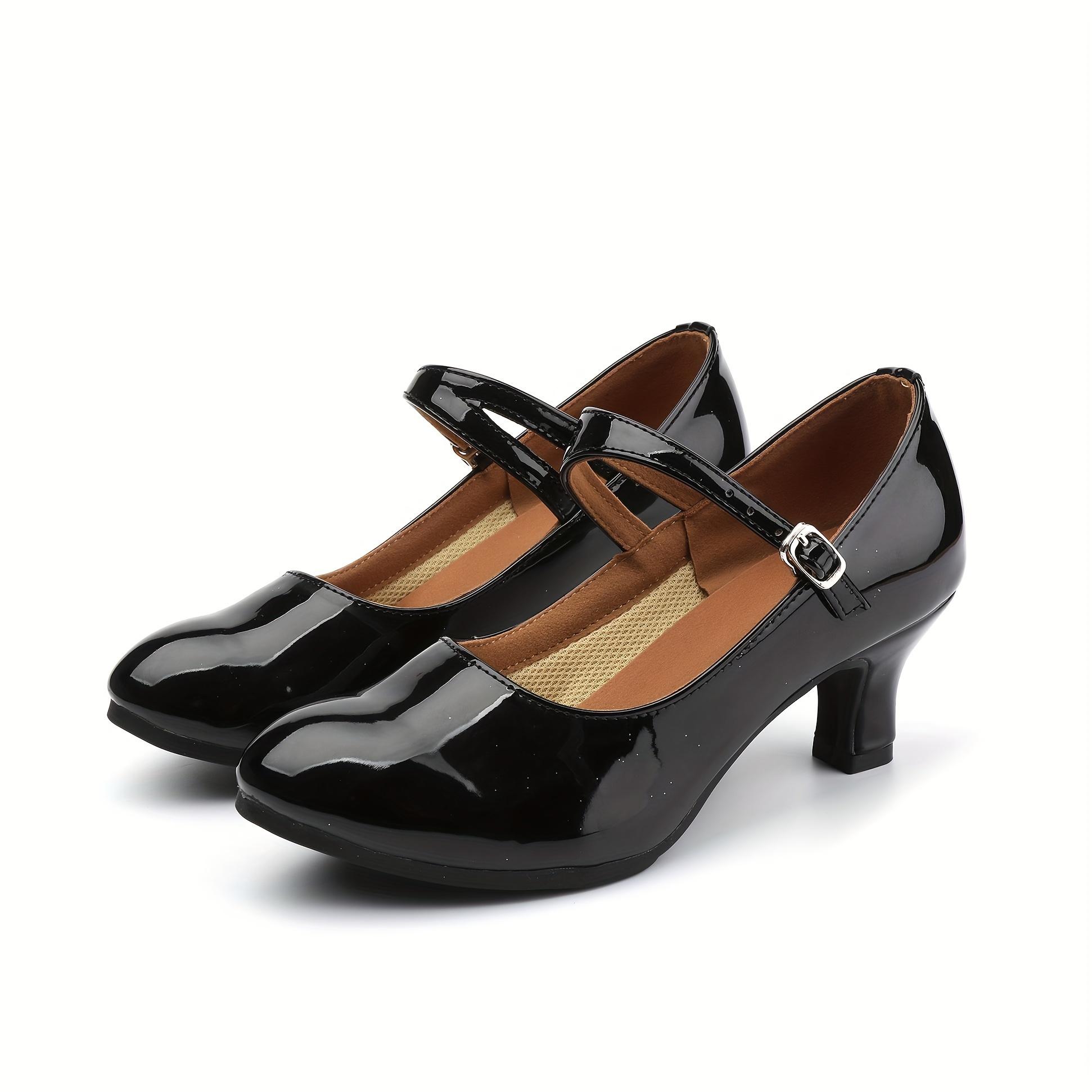 Women's Modern Dance Shoes, Black, Mid-Heel with Instep Wrap Straps, International Standard Dance Shoes, Double Straps with Buckles, Soft and Comfortable, Outdoor Rubber Sole Dance Shoes