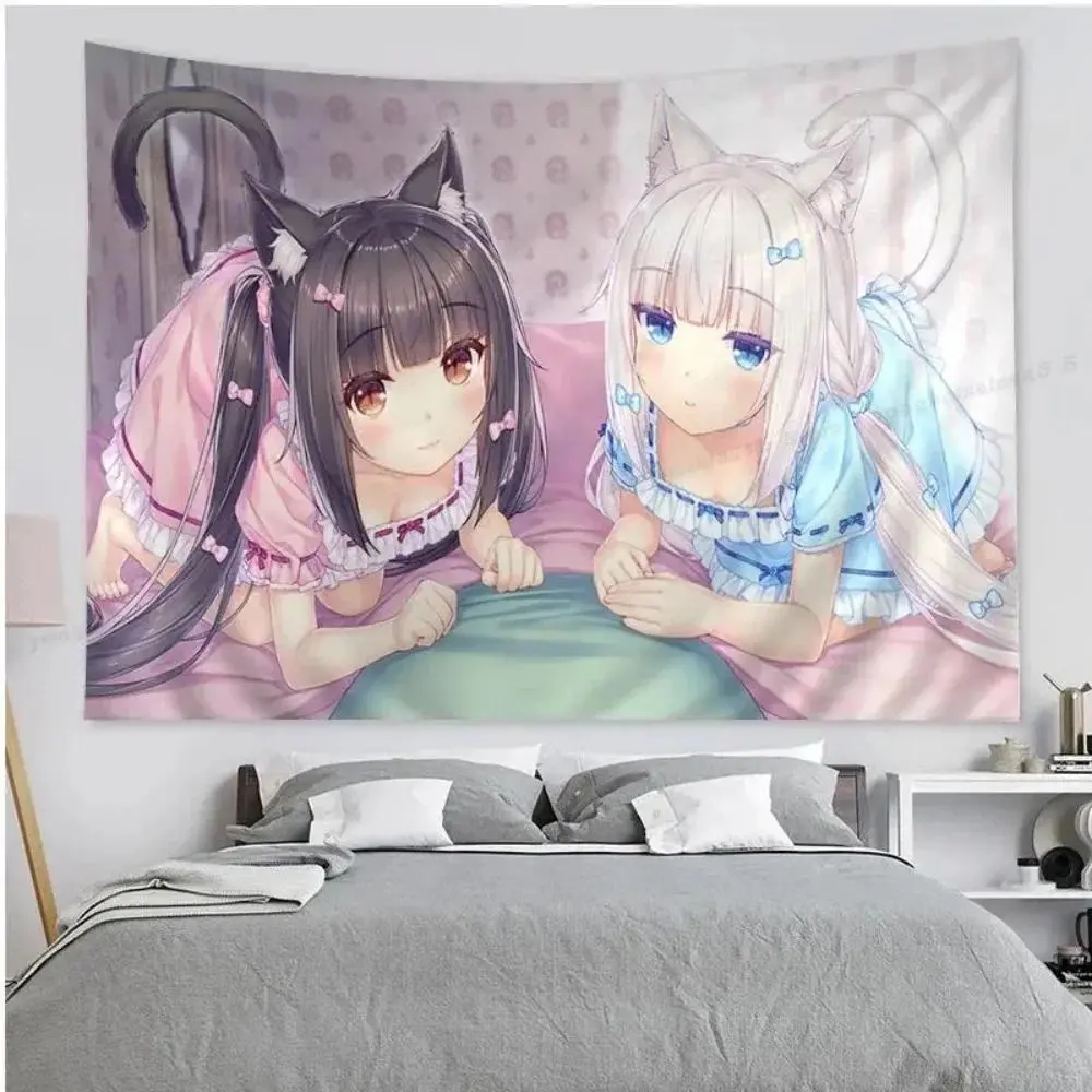 NEKOPARA Anime Printed Polyester Mandala Tapestry Wall Hanging Kit, Lightweight Indoors Home Decor with Hanging Clips, Photo Shoot Backdrop for Living Room Bedroom, Parties