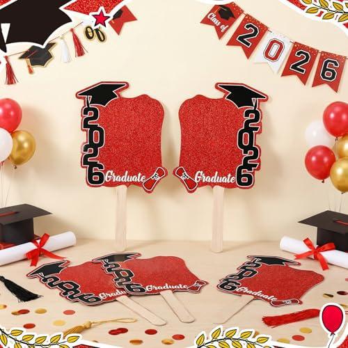24 Pack Class of 2026 Graduation Fans with Handle Double Sided Grad Photo Props for Keepsake Gifts Graduation Party Supplies