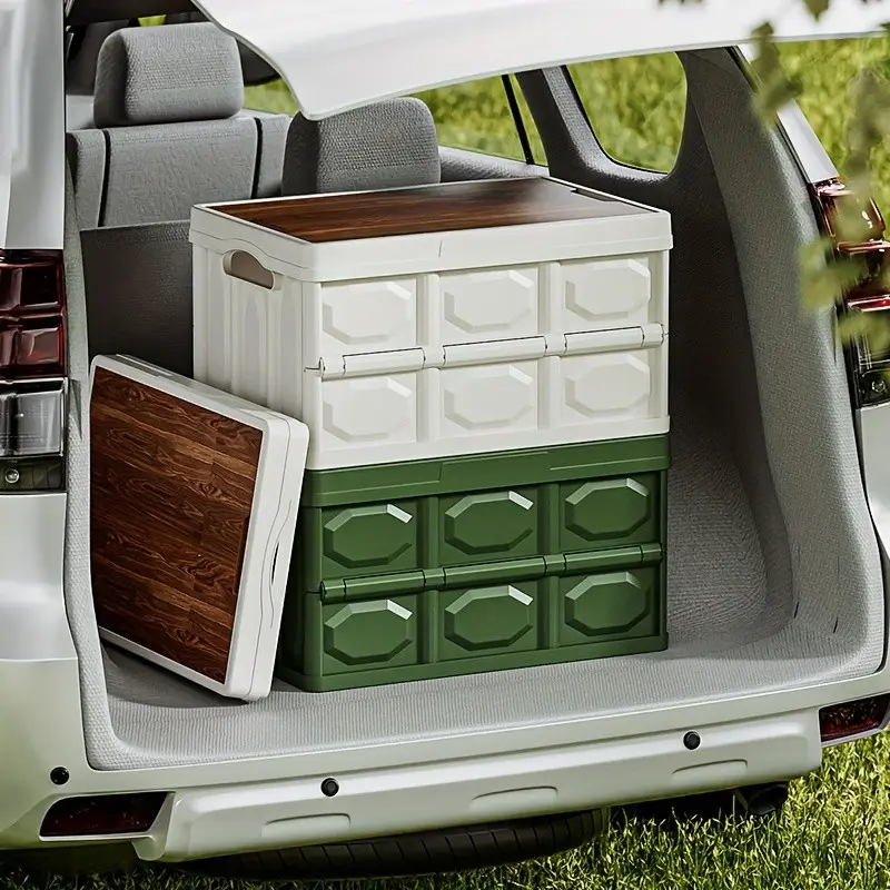 Foldable Storage Box with Wooden Lid, large capacity collapsible organizer for car trunk essentials and outdoor gear, space-saving storage solution for camping, picnics, home organization and family travel