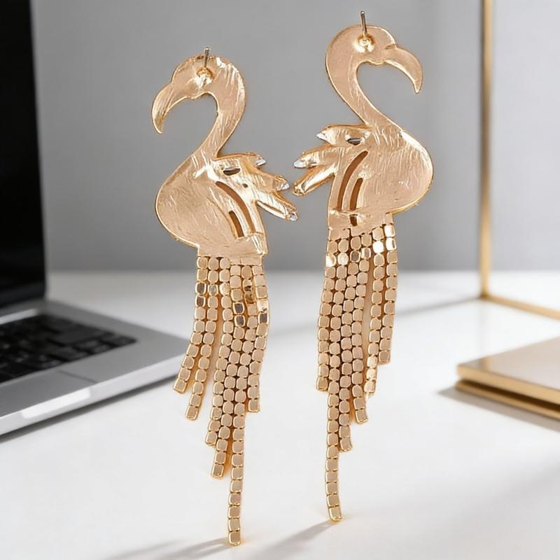 Colorful Rhinestone Flamingo Drop Earrings - Long Tassel Dangle Style - Cute & Sparkling Statement Fashion Jewelry for Women