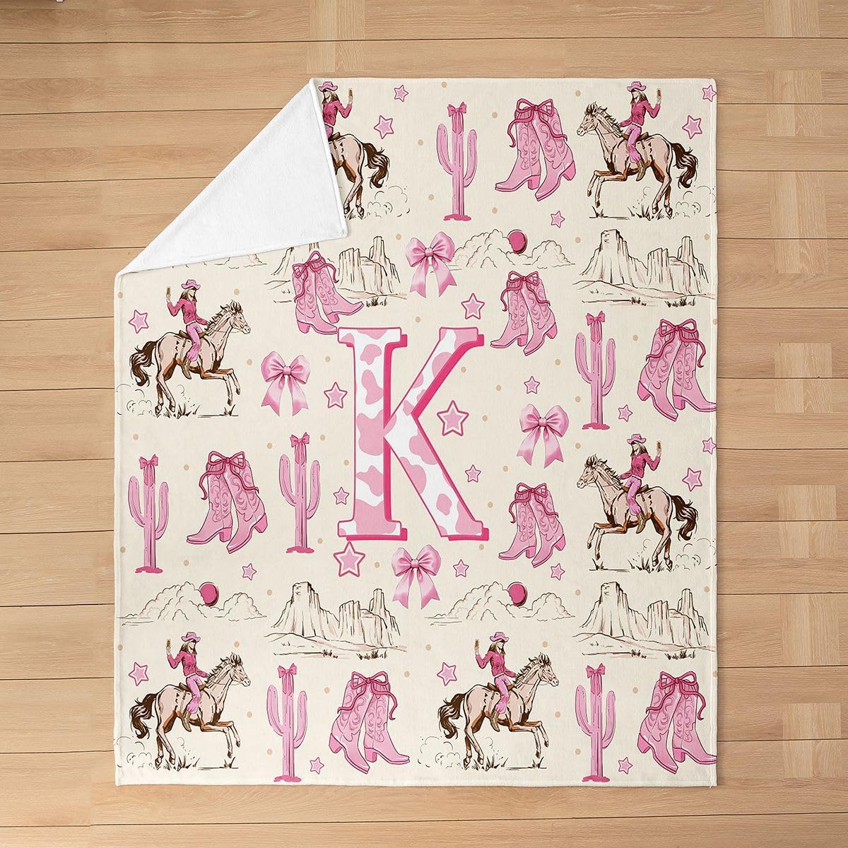 Personalized Pink Cowgirl Boot Blanket – Monogrammed A-Z Flannel Throw with Coquette Bow, Western Horse Print – Soft Flannel Blanket for Girls, Kids, Teen Bedroom, Nursery Decor, Gift for Little Cowgirl
