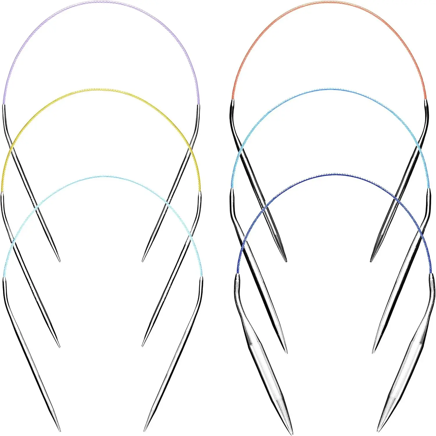 16 Inch Circular Knitting Needles Set, US 0 2.5 6 8 10 13, Metal Six Etched Sizes with Color-Coded Cables and Smooth Joins for Hats, Sleeves, Cuffs and Small-Round Knitting