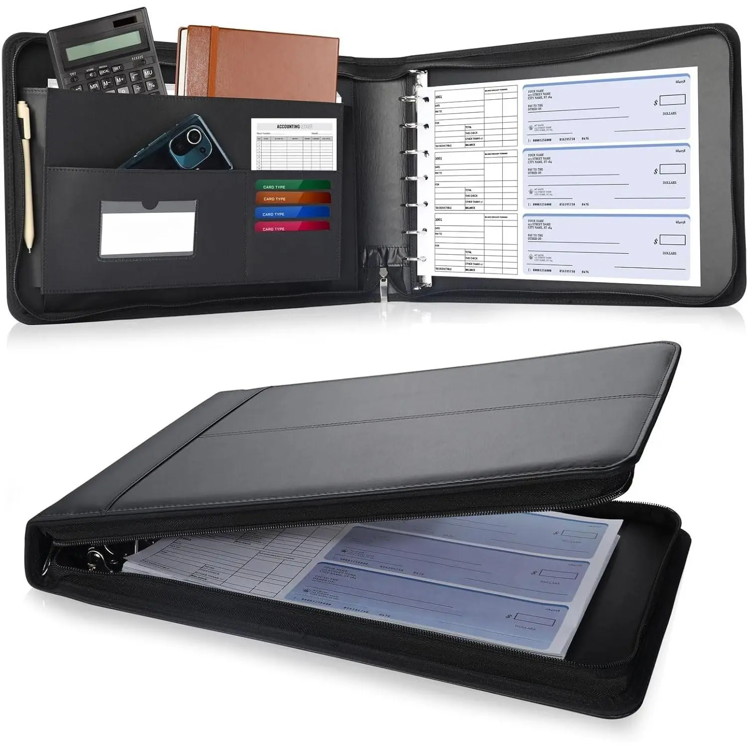 Zippered Business Checkbook Binder 7 Ring 1 Inch with Zipper for Business Checks (9" x 13"), PU Leather Check Binder Holds 600 Checks Capacity for Executive Supplies, Black