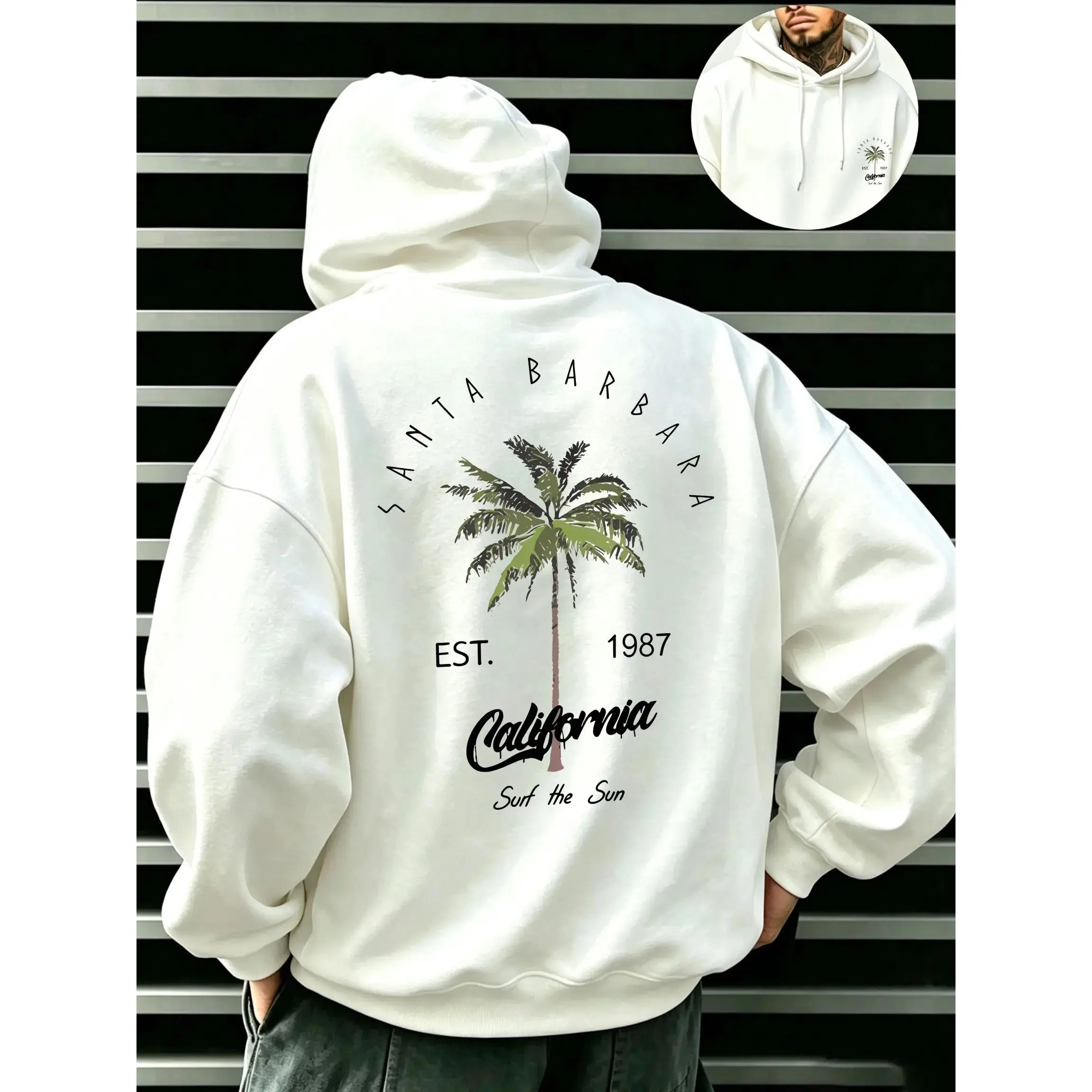 Men's Tropical Palm Tree Graphic Hoodies - Oversized, Baggy, Loose Vintage Surf Style Streetwear Pullover, Classic Long Sleeve Poly-Cotton Casual Sweatshirts with Kangaroo Pocket, Drape Fit, Elastic Hem