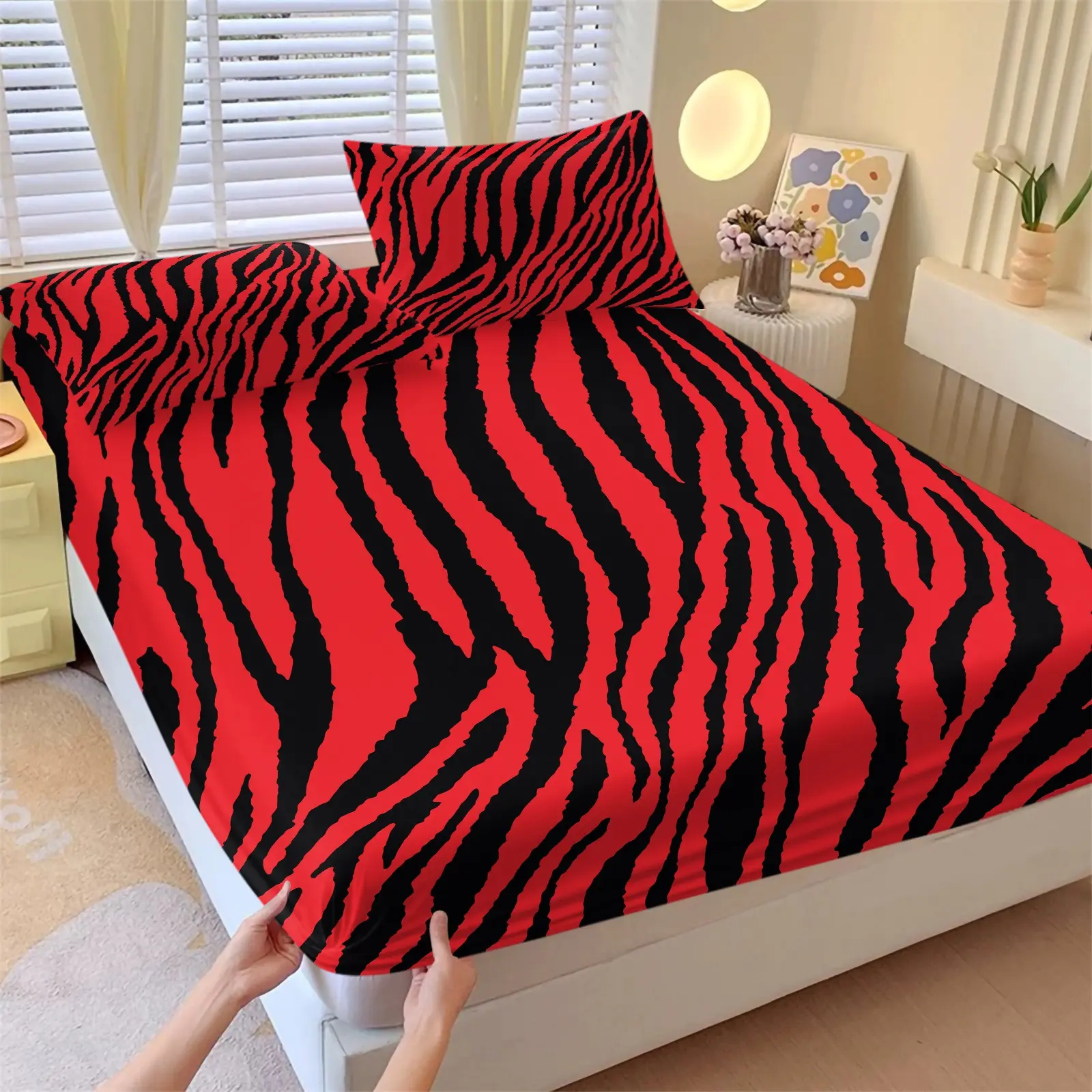 Contrast Red Zebra Wave Stripe Print Fitted Sheet Set, 1 Fitted Sheet & 2 Pillowcase, Vibrant Red Animal Stripe Girls Bed Set Mattress Cover, Lightweight Cozy Fabric Bedding, Unique Birthday Gift For Y2K Aesthetic Enthusiasts, Striped Fitted Sheet