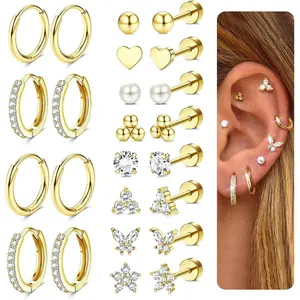 Jstyle Hypoallergenic Surgical Steel Flat Back Earrings for Women - Small Stainless Steel Earrings Set with Hoop Design for Multiple Piercing