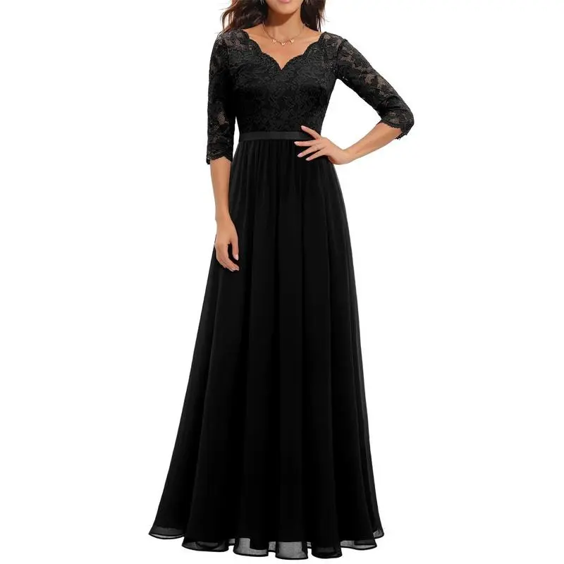 Women's Long Solid Color Patchwork Lace V-neck Mid-Sleeve Backless Back Zipper Casual Polyester Summer Blue Light Basic Female Dress