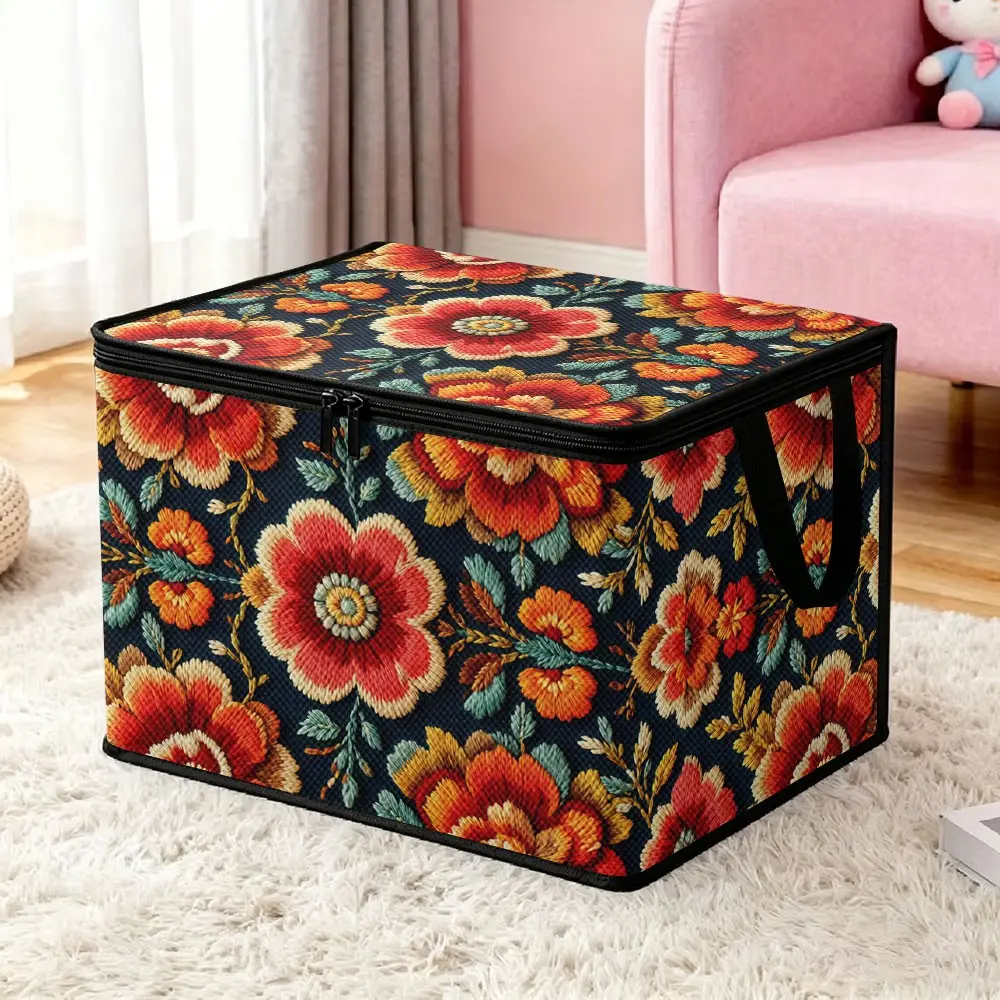 Vintage Large Red Floral Printed Non-Woven Storage Box, American Country Style Double-Zipper Foldable Storage Bin, Portable Large-Capacity Organizer for Seasonal Quilts and Garments, Dustproof & Moisture-Proof Artistic Floral Fabric Storage Container for