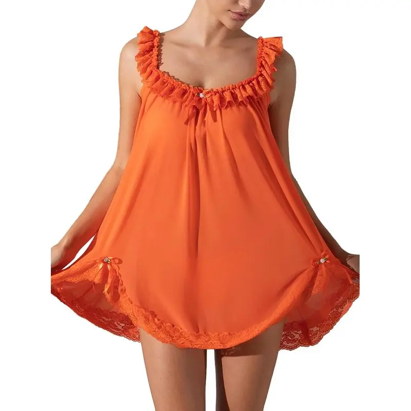 Women's 2-Piece Sleeveless Babydoll Cut Lingerie Set - Sexy Bows, Split Side, Ruffle Lace Mesh Sheer Nightgown with Thong for Loungewear & Nightwear, Bow Accents, Machine Washable