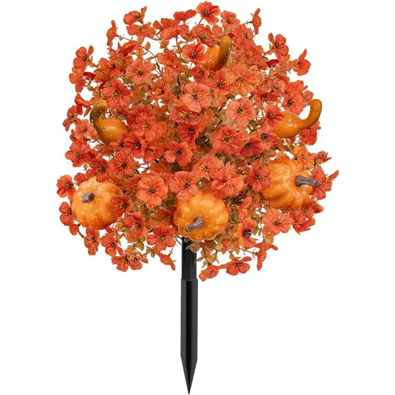 Halloween Artificial Flowers Outdoor Decor, Fake Fall Flower Bushes with Pumpkin Accents, UV Resistant Faux Floral Picks for Front Porch, Garden, Table Centerpieces & Halloween Party Decorations