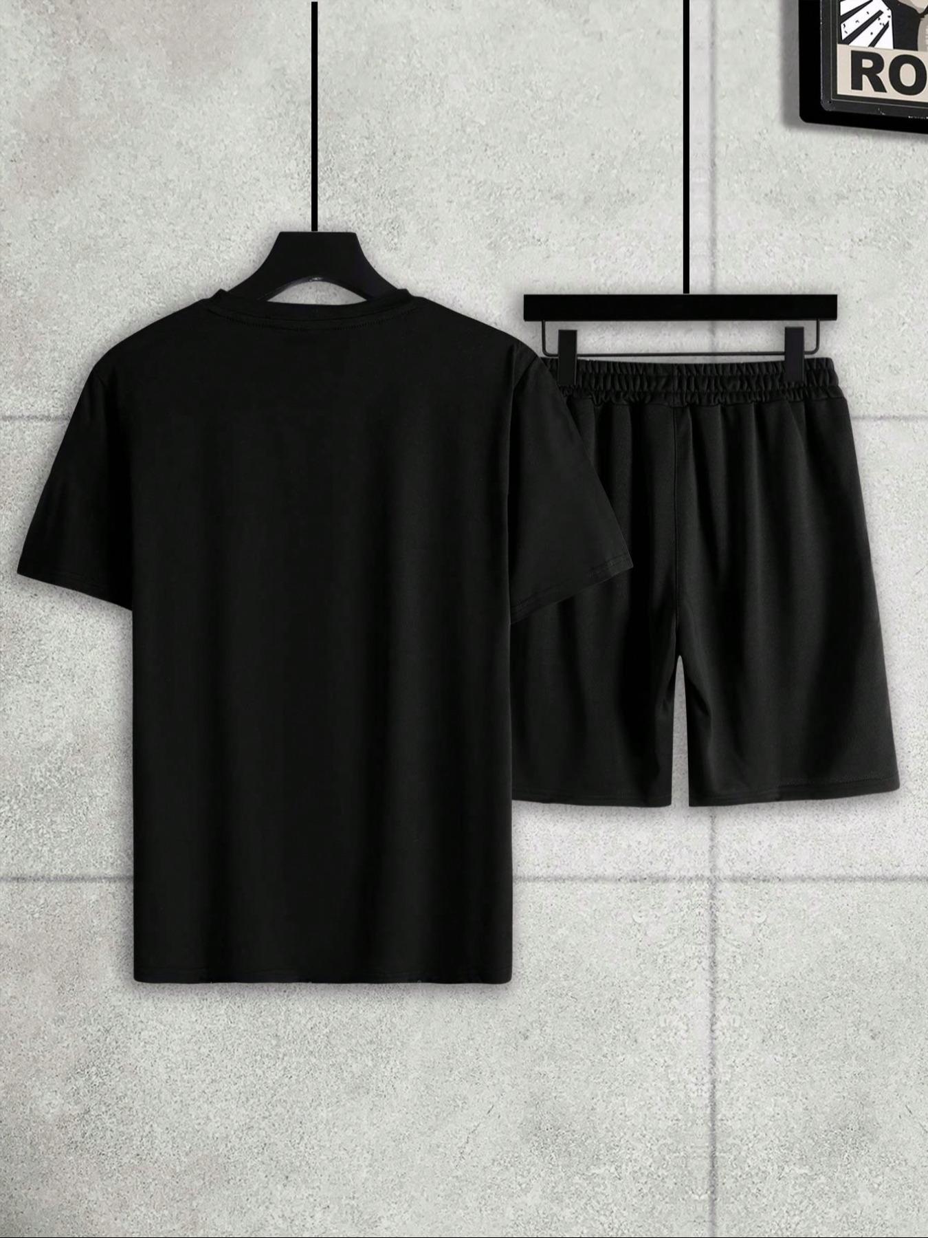 Two-Piece Set Men's Solid Short Sleeve Tee & Drawstring Waist Shorts Set, Regular Fit Casual Round Neck T-shirt & Track Shorts, Men's Summer Clothes Matching Clothing Set