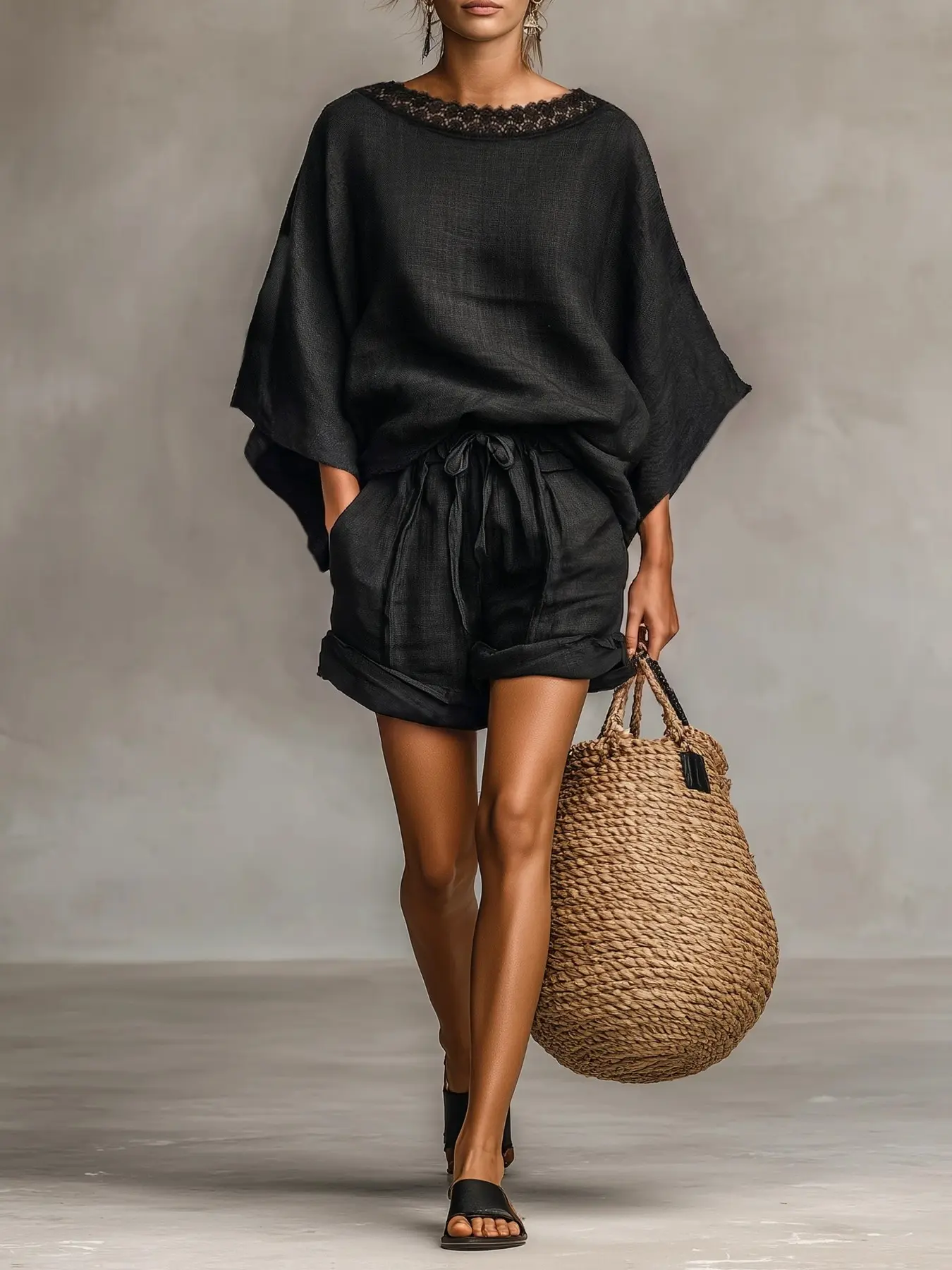 Spring Summer New Women's Loose Batwing Sleeve Top with Wide Leg Shorts, Casual Elegant Chic Minimalist Vacation Style, Comfortable and Stylish Clothes Aesthetic