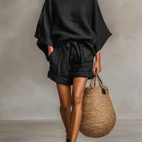 Spring Summer New Women's Loose Batwing Sleeve Top with Wide Leg Shorts, Casual Elegant Chic Vacation Style, Comfortable and Stylish Clothes Aesthetic Shorts Matching Set
