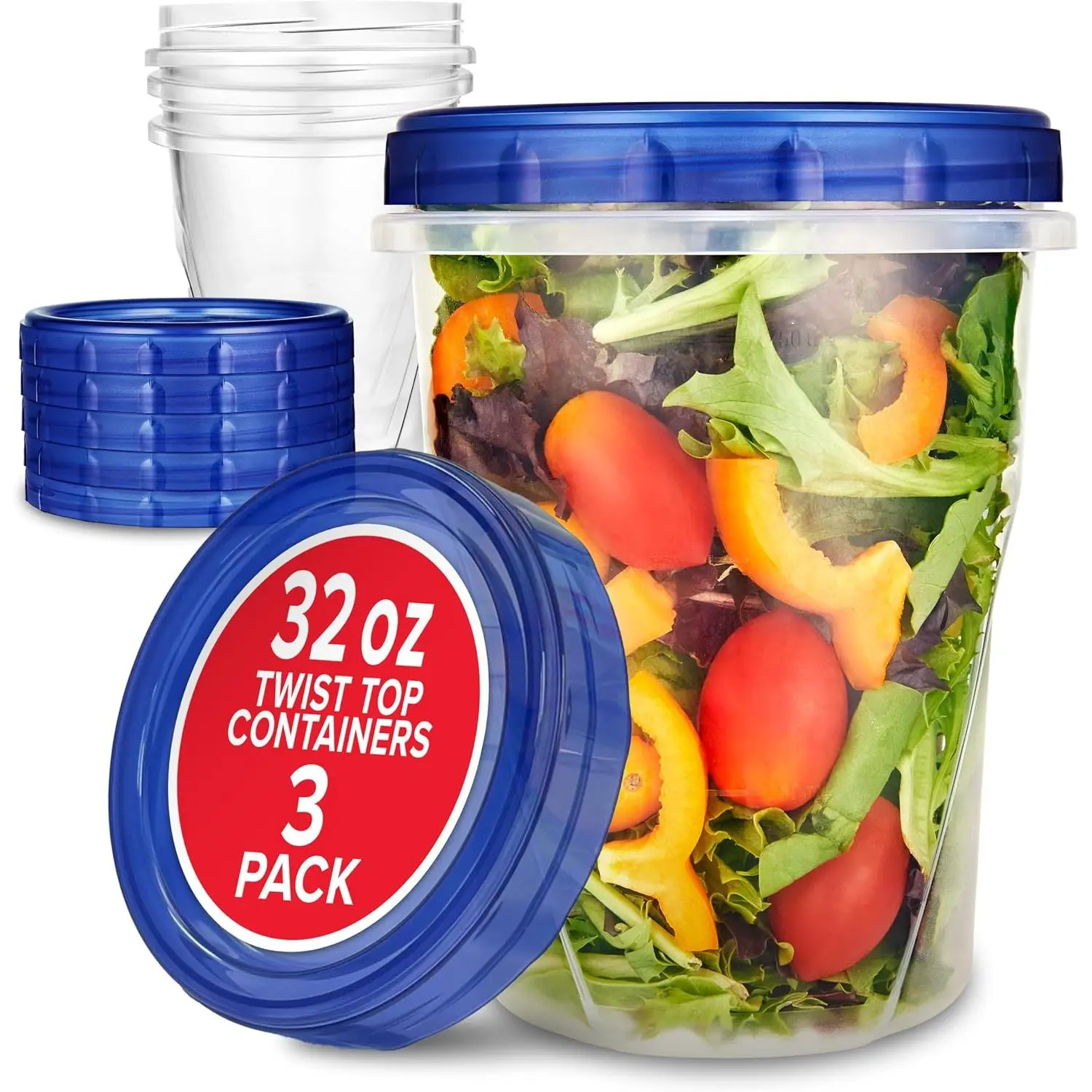 32oz Plastic Containers with Twist Top  (3 Pack) – Quart Freezer Containers for Leftovers, Airtight  Soup Storage, Microwave & Dishwasher Safe