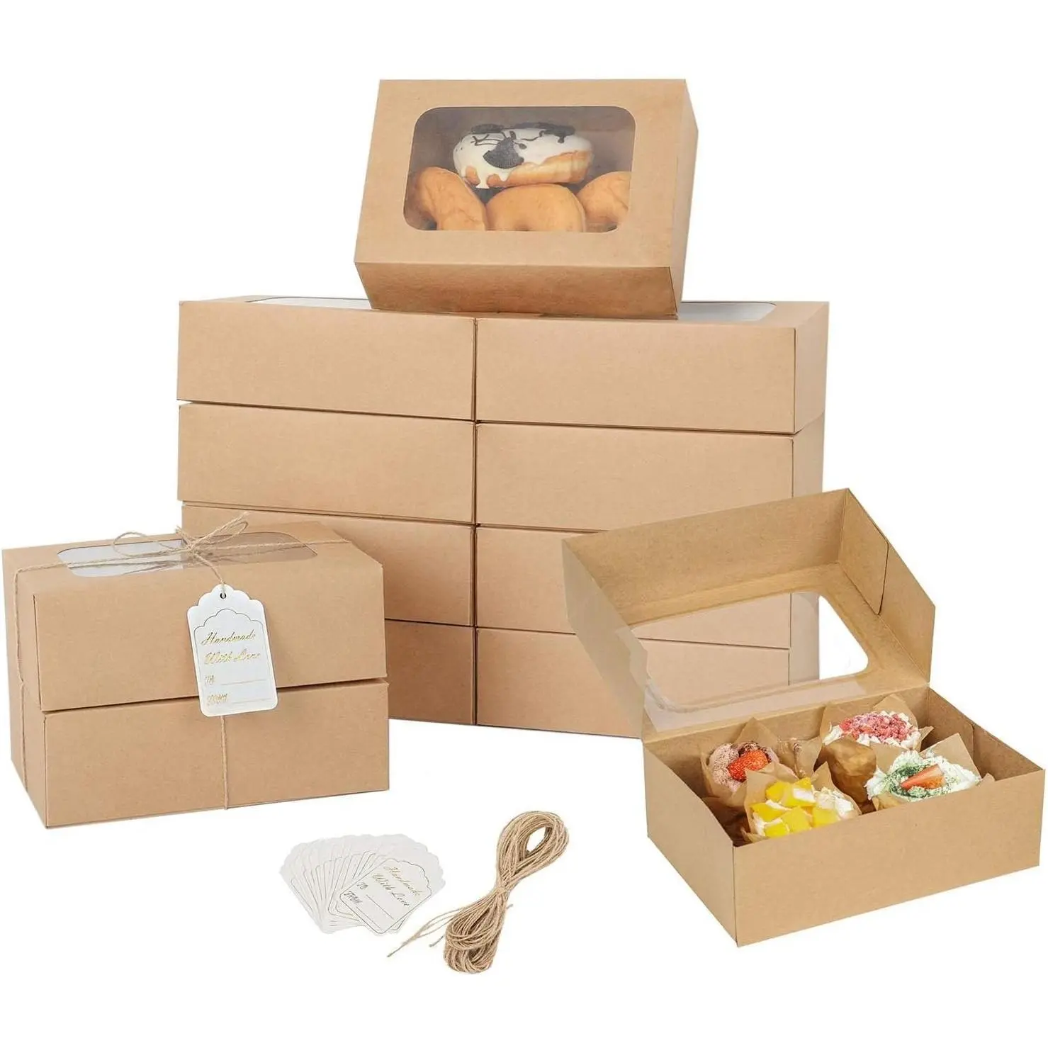24 Pcs Cookie Boxes with Window for Paper Gift Giving Brown Bakery Gift Boxes 9 x 6.3 x 3 Inch, Easy Estate Holiday Packaging for Cookie, Cupcaked, Donuts & Pastries