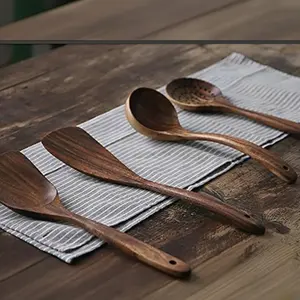 4-Piece Wooden Cooking Utensils Set, Natural Wood Spoon and Spatula, Ergonomic Handle, Non-Stick Compatible, Rustic Kitchenware