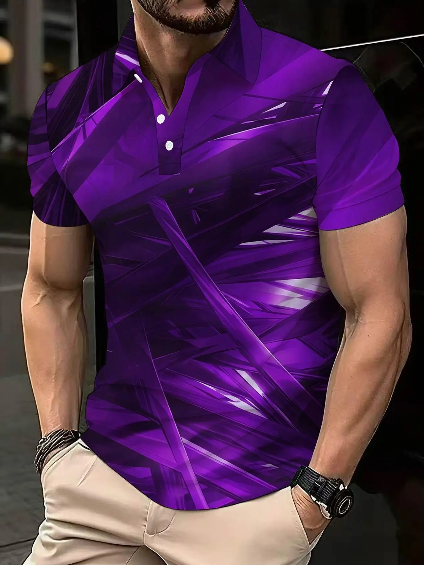 Purple-tone geometric twill ice-feel printed men's collared short-sleeved classic polo shirt Casual Golf Polos