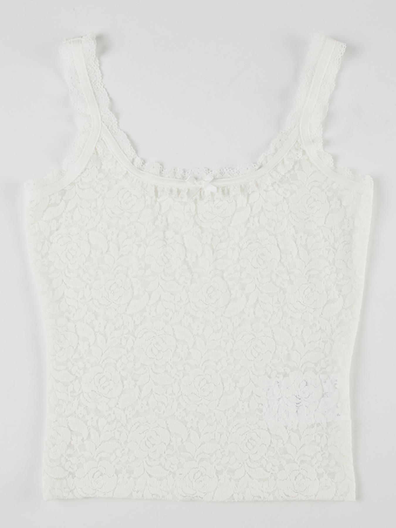 Women's Plain Floral Lace Bow Decor Crop Tank Top, Casual Fitted Sleeveless Sheer Top for Spring, Fashion Women's Top for Daily Wear