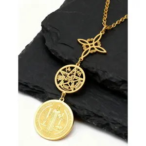 Triple protection necklace with cross chain design, stainless steel, Catholic and Jewish spiritual amulet with Saint Benedict medal, witch knot and pentagon star pendant, Delicate Stackable Jewelry