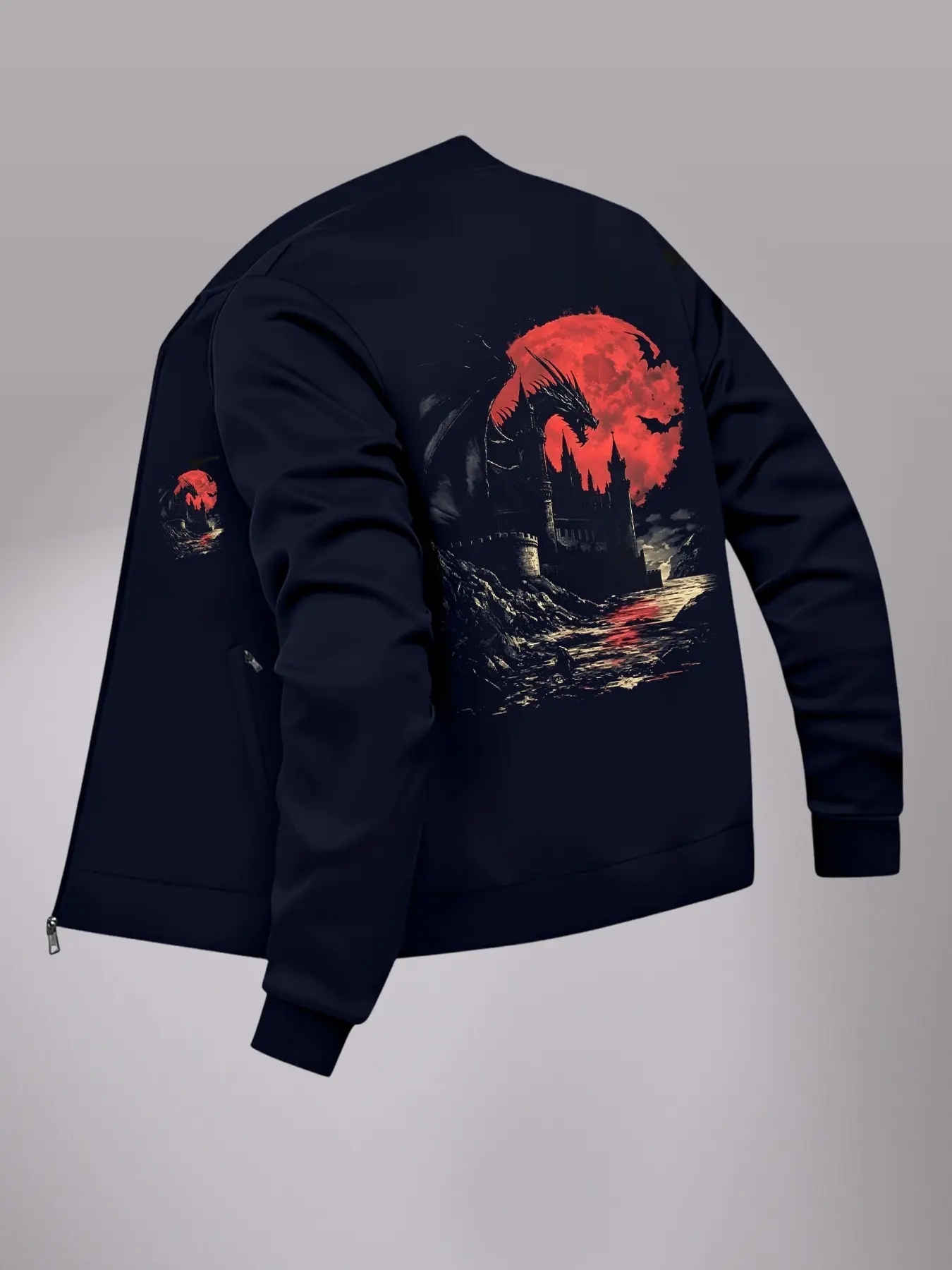 Men's Fashion Casual Jacket, Dark Fantasy Dragon Castle Print, Moon Gothic Street Style, Long Sleeve Slim Fit Fall Outerwear, Menswear