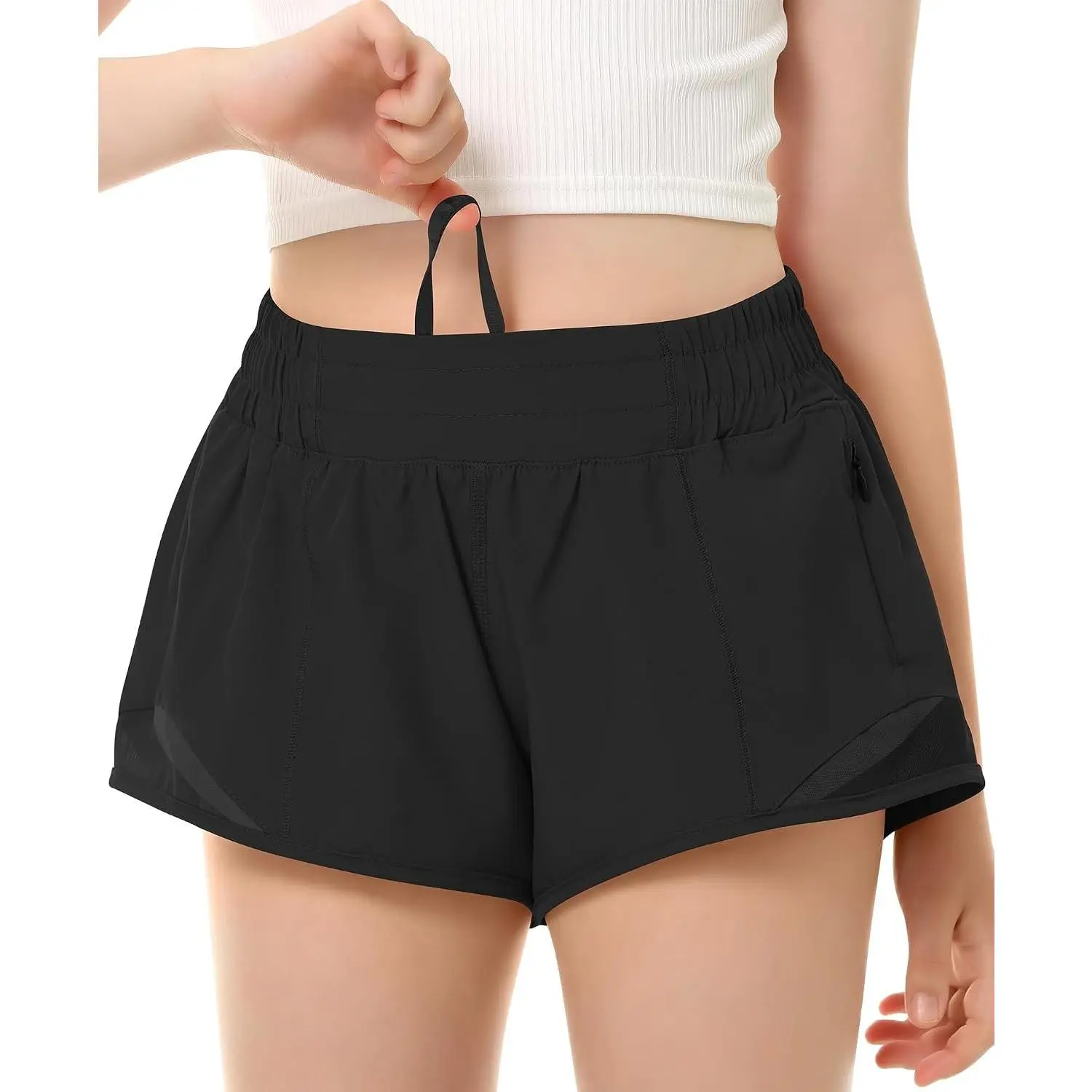 Girls Athletic Shorts with Zipper Pocket 4-14Y (Black, Large) | Quick Dry, Built-in Liner, Spandex, Lightweight, Running, Workout, Active Sports Shorts, for Teens, Kids