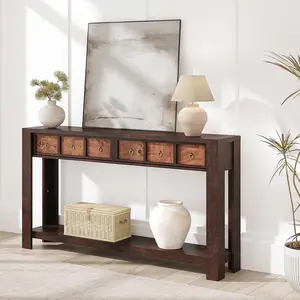 Farmhouse Console Table, 54-Inch Wooden Dining Table – 2 Drawers, Open Shelf – Slim Entryway, Hallway, Sofa Table – Brown Fluted Design