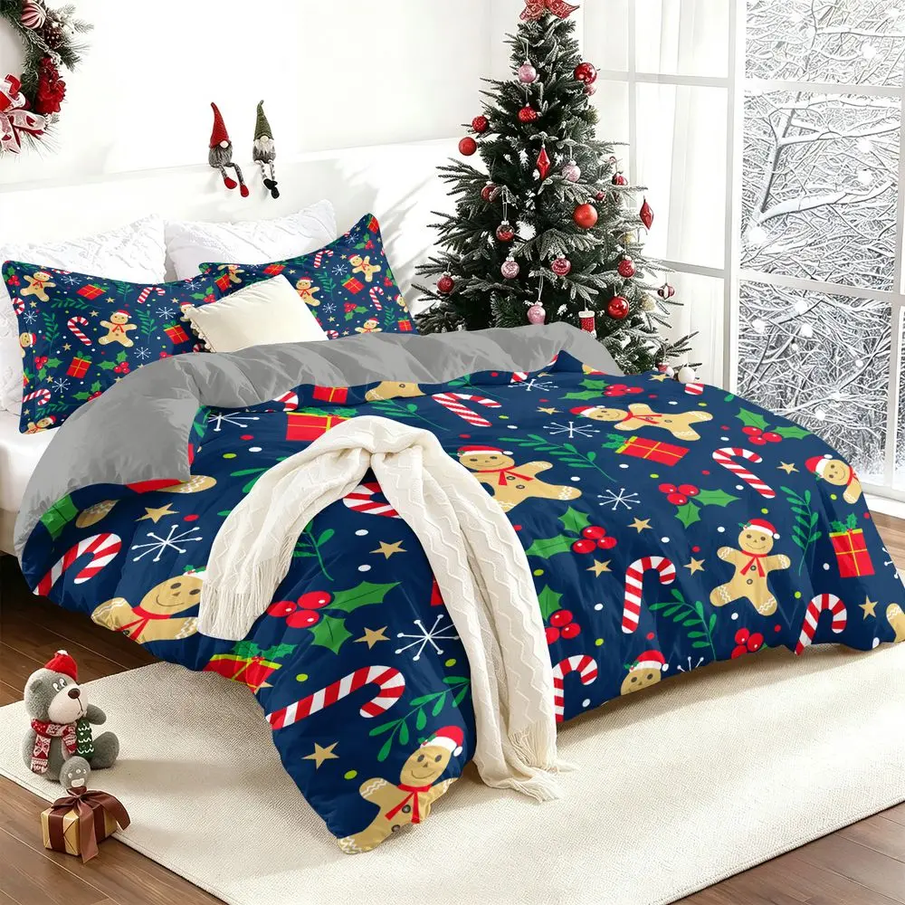 2/3Pcs Christmas Gingerbread Man Duvet Cover Set, Festive Holiday Bedding Set with Pillowcase, Soft Decorative Xmas Duvet Cover for Bedroom Home Decor, Winter Seasonal Bedding Sets, No Fillers