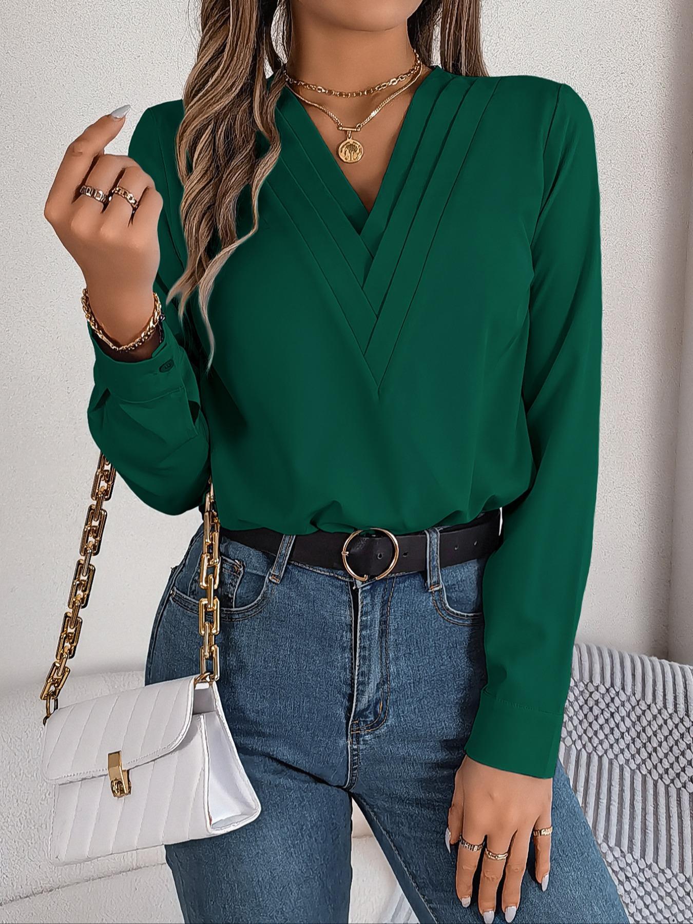 Women's Plain V Neck Blouse Elegant Long Sleeve Shirts Top for Spring & Fall, Ladies Clothes for Daily Wear, Fall Clothing Women, Comfort Womenswear, Going Out Tops, Casual Classy Top, Fall Clothes, Coquette Autumn Clothing