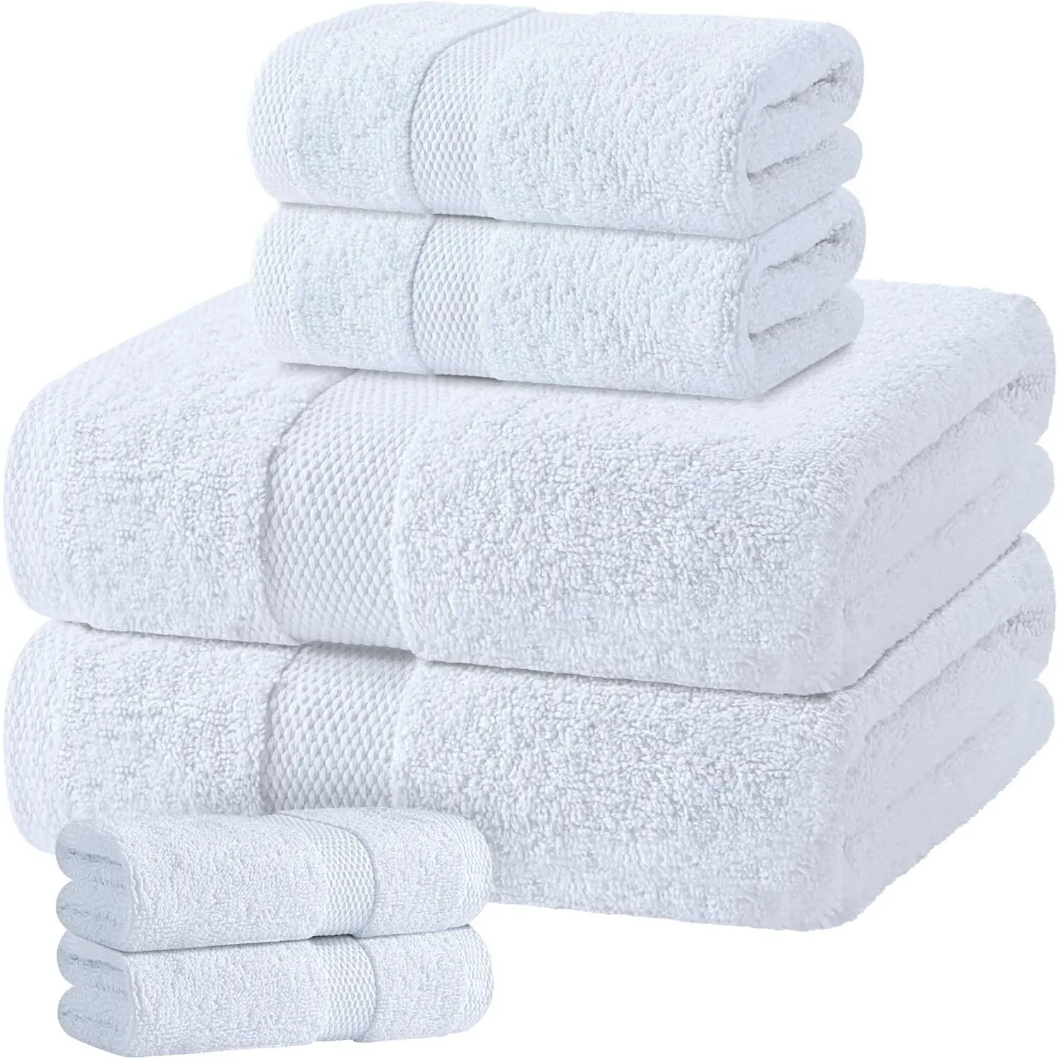 White 100% Cotton Bath Towel Set of 6, Highly Absorbent 650GSM Luxury Bathroom Towels, Include 2 Bath Towels, 2 Hand Towels, 2 Washcloths
