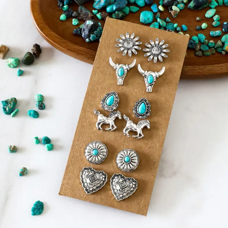 6 Pairs Western Turquoise Stud Earrings Vintage Silver Daisy Bull Horse Heart Sunflower Ear Jewelry for Women