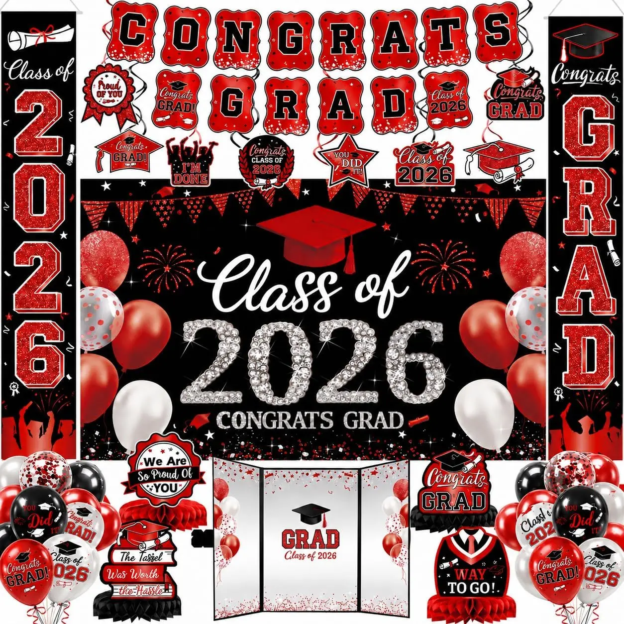 Class of 2026 Graduation Decorations, Red All-in-1 Party Supplies Kit with Fabric Backdrop and Guest Book - High School or College Grad Gifts
