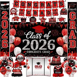 Graduation Decorations Class of 2026 - Red Set Includes Banner, Backdrop, Porch Sign, Hanging Swirls, Balloons, Honeycomb Centerpieces, Guest Book for Grad Party