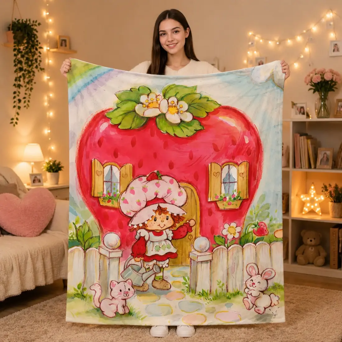 Vintage Strawberry Shortcake Strawberry Playhouse Flannel Throw Blanket, Cute Cartoon Lightweight Cozy Blanket for Sofa Dorm Bedroom, Perfect Birthday Holiday Gift for Kids Girls Teenagers