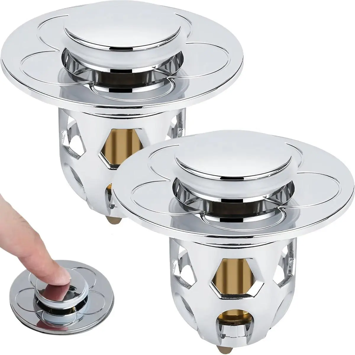 2-Pack Bathroom Sink Drain Strainer & Pop-Up Stopper with Hair Catcher Basket - Push-Type Sink Shroom Plug, Copper & Chrome, Fits 34-40mm / 1.33-1.57" Drain Holes, Kitchen & Bathroom Tub Filter