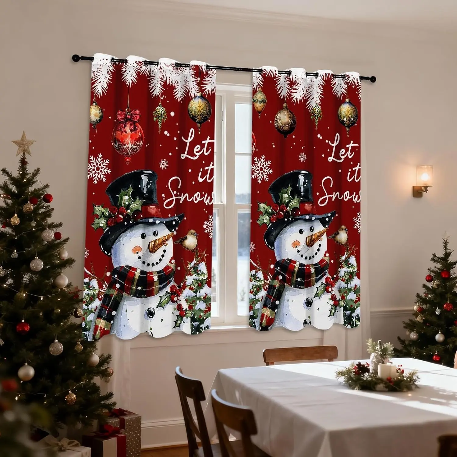 2-piece set of red Christmas snowman semi-blackout curtains, suitable for bedroom and living room festive decorations, made of polyester fabric