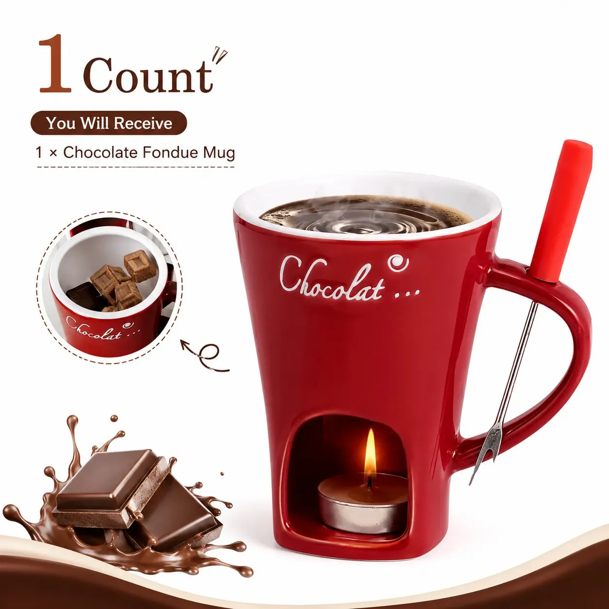 Chocolate Fondue Mug with Fork - Ceramic Reusable Personal Chocolate Melting Cup, Ideal for Kitchen & Baking Enthusiasts, Creative Heated Chocolate Cup, Perfect Gift Coffee Cup