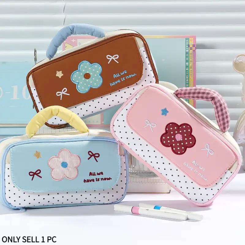 Cute Korean Style Flower Pencil Case with Polka Dots - Portable Multi-Compartment Stationery Bag for Students, Girls, and Office Use, Great for Birthdays or Back-to-School Gifts