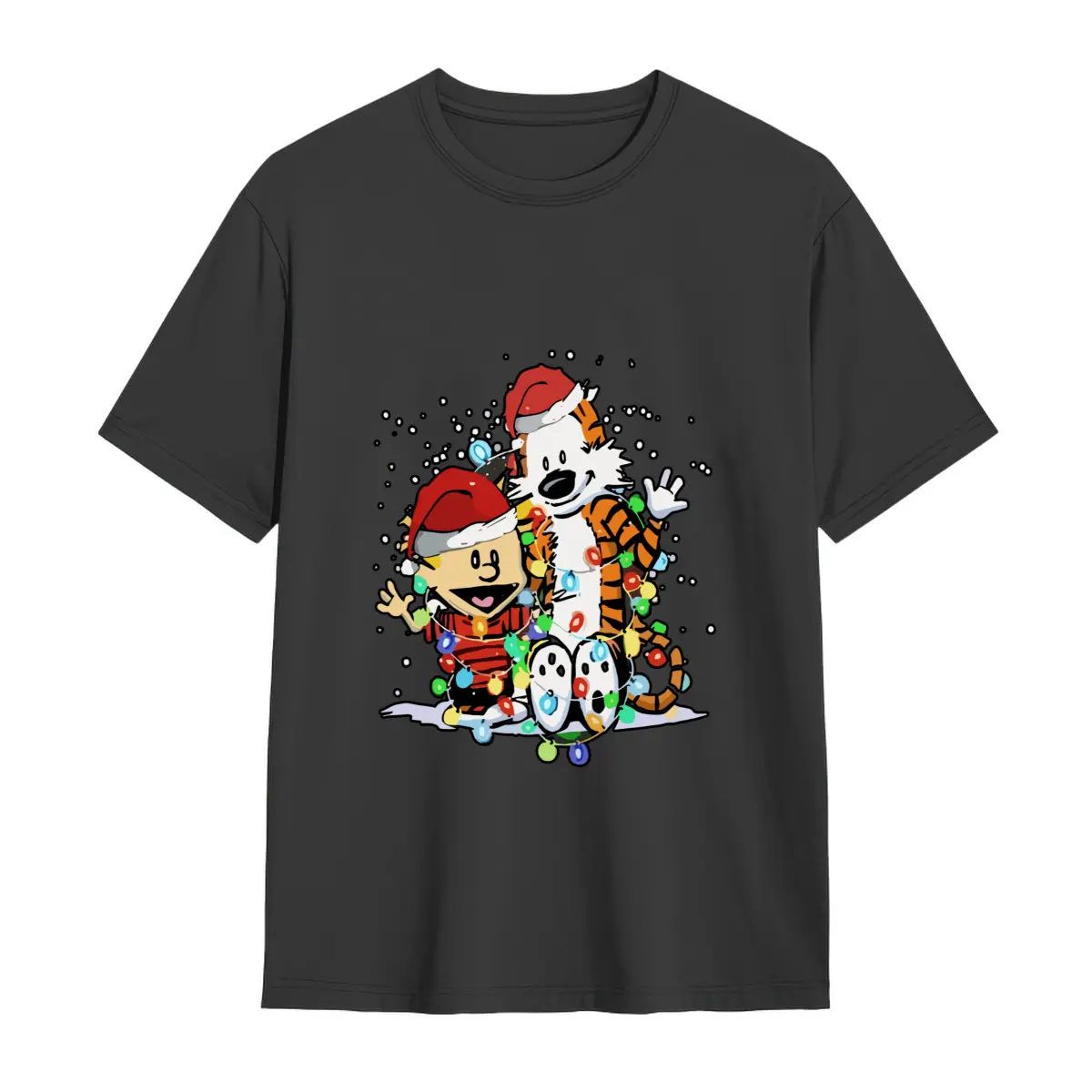 Calvin and Hobbes Christmas Tree & Lights Applique T-Shirt - 100% Cotton Crew Neck Tee with Festive Santa Hat & Snowflake Design, Slight Stretch Knit Fabric, Unisex Modern Fit for All Seasons, Daily Wear, Sports & Holiday Parties, Christmas Tshirts