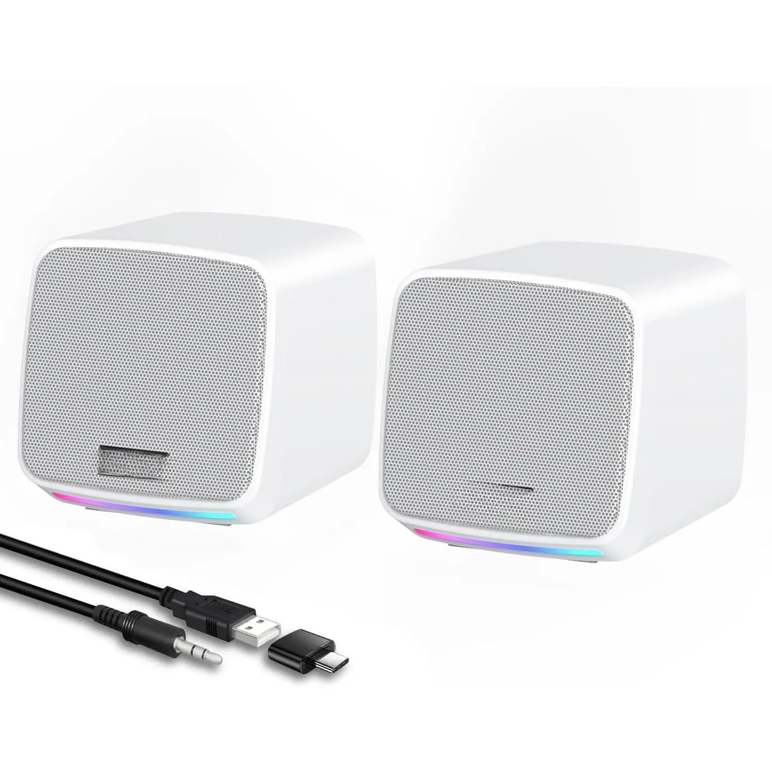 Speakers for Desktop PC, USB  3.5mm Aux Speaker for PC, Laptop, Tablet, Phone, Plug and Play with Volume Control, White