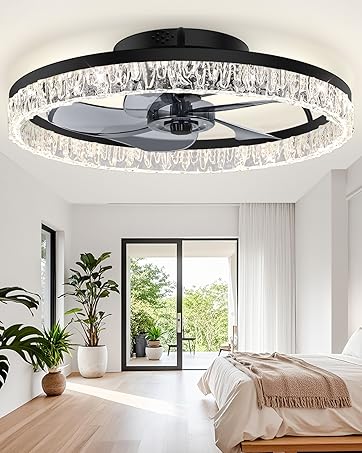 Large Ceiling Fans with Lights and Remote/APP Control, Indoor Outdoor Black Ceiling Fan for Kitchen, Living Room, Patio, 6 Speeds Reversible Quiet DC Motor, 8 Blades